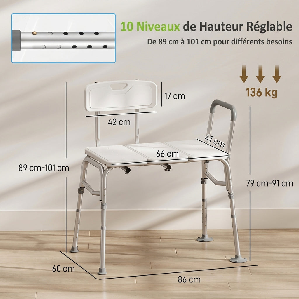 Banc de Transfert Baignoire, Hauteur Réglable à 10 Niveaux, Large Assise, Dossier, Accoudoir, 86x60x89-101cm, Blanc-2