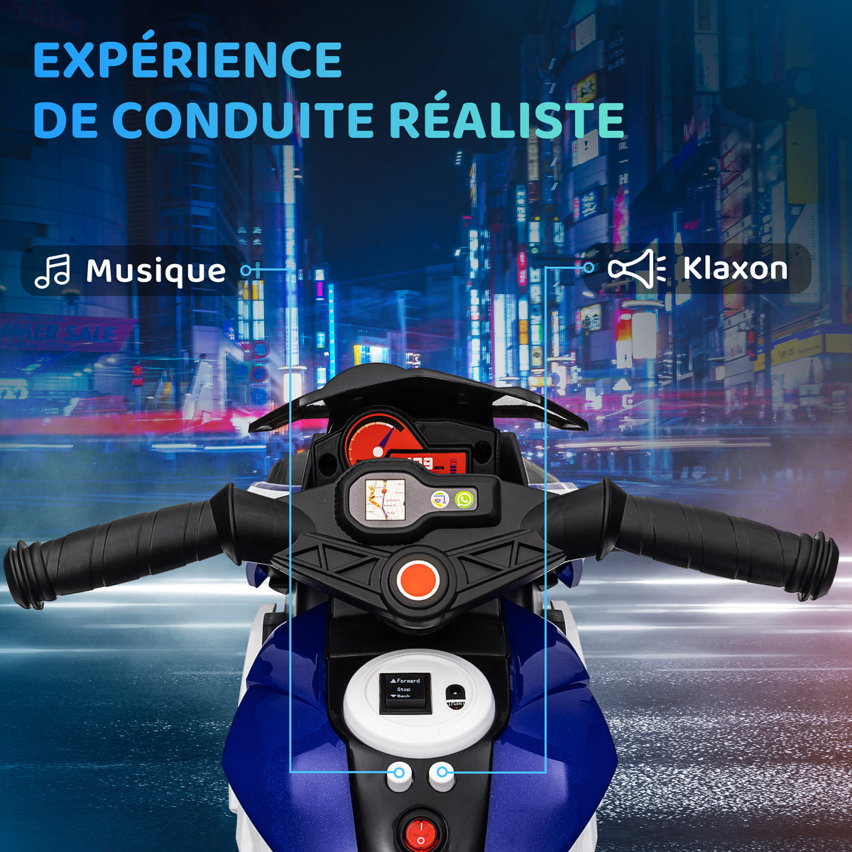 Moto électrique enfants 3 roues 6 V, voiture électrique enfants 3 à 5 ans, effets lumineux et sonores, 86x42x52cm, bleu-3