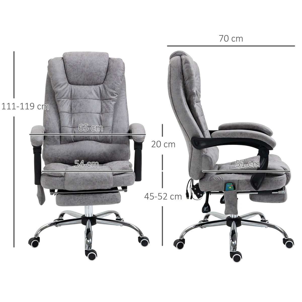 Fauteuil de bureau direction massant chauffant hauteur réglable dossier inclinable toile de microfibre gris-2