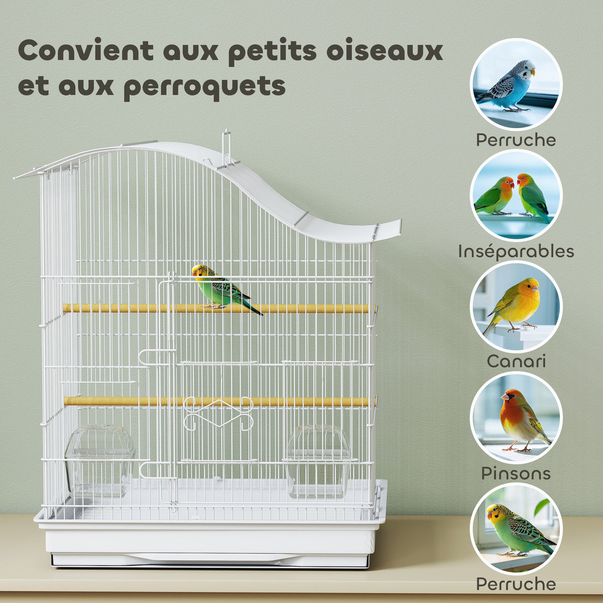 Cage à oiseau volière avec 4 portes, 2 perchoirs, plateau coulissant, pour inséparables perruches 4,7,5x36x54,5cm, blanc-6