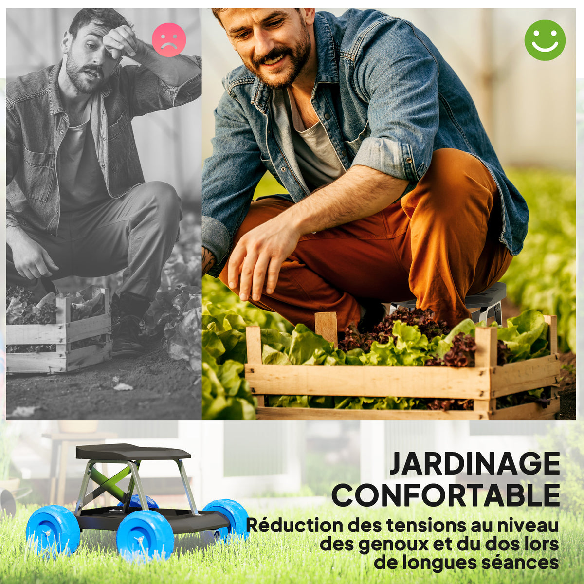 Siège de jardin sur roues tabouret de jardinage plateau à outils pour désherber planter 50 x 49 x 32 cm bleu-3