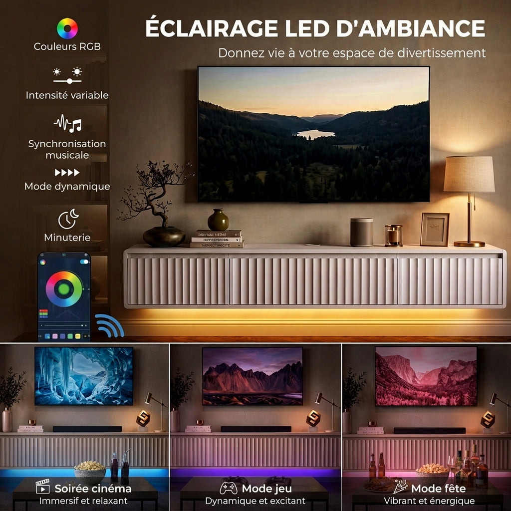Meuble TV Suspendu Flottant 160 cm avec Éclairage LED et Prises, Meuble Télé pour Téléviseur 72 Pouces, Blanc-5