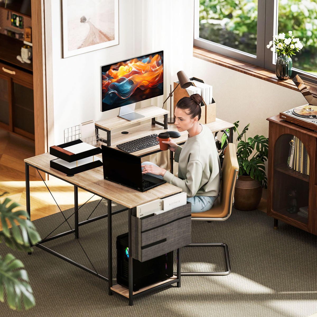 Bureau d'angle modulable réversible 168-240 cm style industriel - étagère réglable, sac de rangement, support d'écran-7