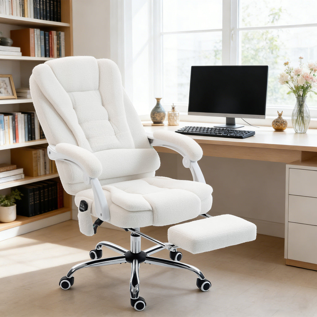 Fauteuil de bureau direction massant chauffant hauteur réglable dossier inclinable toile de lin blanc-1