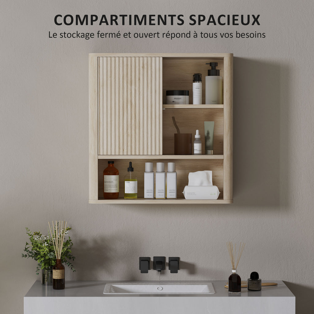 Armoire murale salle de bain avec étagères réglables, porte coulissante et étagères ouvertes, bois naturel-3