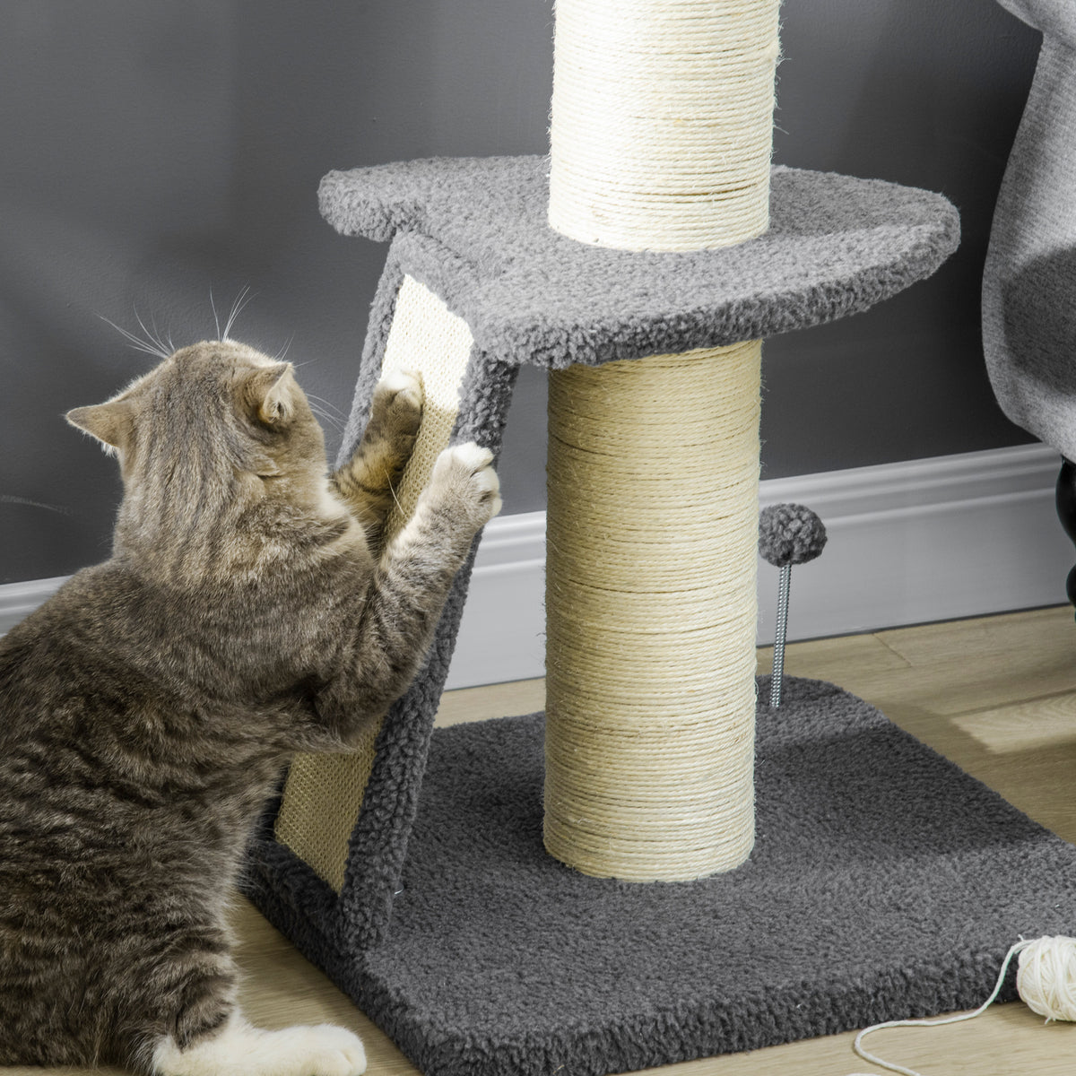 Arbre à chat avec griffoir tronc en sisal boules suspendues et plate-forme d'observation hauteur 92 cm - gris-6