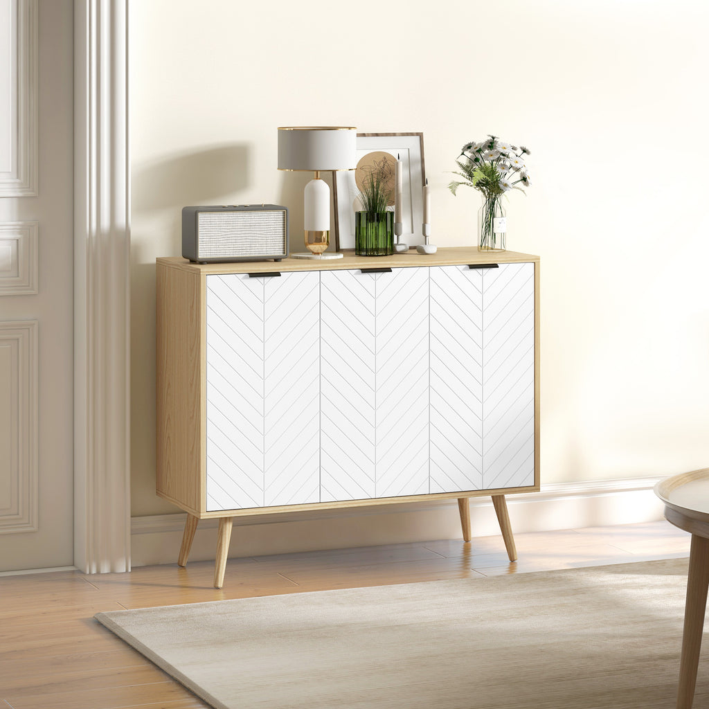 Buffet bas meuble de rangement 2 placards 3 portes motif chevrons étagères réglables 91,5 x 35 x 77,4 cm bois naturel-7