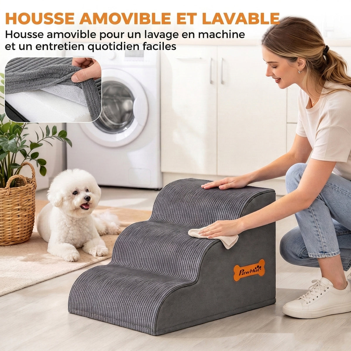 Escalier pour Chien Incurvé Housse Lavable Poignée Rampe pour Animaux 3 Marches Gris-6