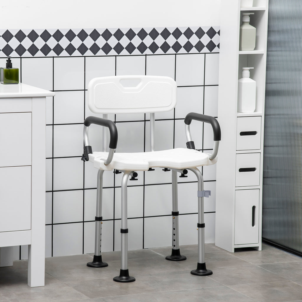 Chaise de douche, tabouret de douche réglable en hauteur avec dossier et accoudoirs rabattables, assise U, pieds antidérapants à ventouses, pour personnes âgées et handicapées, alu HDPE, blanc-9