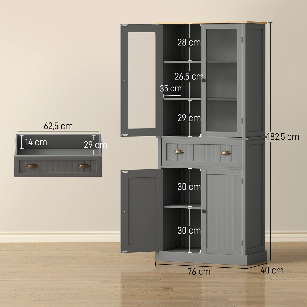 Buffet meuble cuisine rangement armoire de cuisine 4 portes dont 2 portes vitrées et 1 tiroir étagères réglables - gris-2