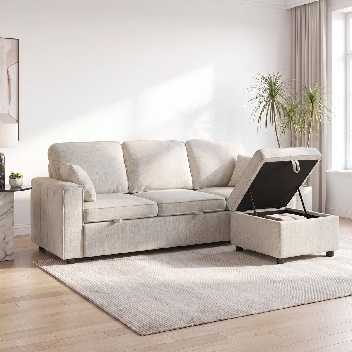 Canapé d'Angle Convertible en Chenille, Canapé-Lit 3 Places Modulaire 225 cm avec Pouf de Rangement, Beige-4