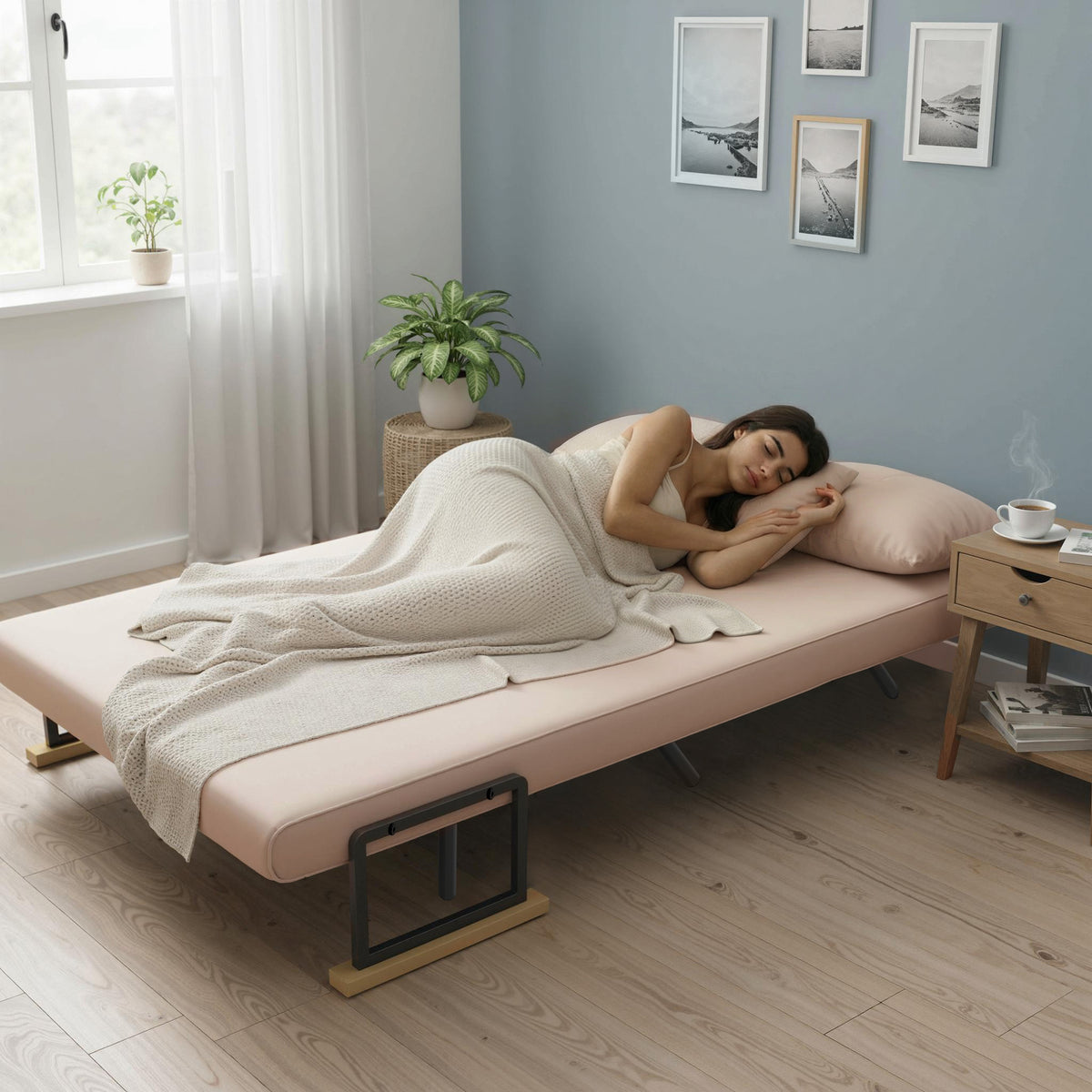 Canapé convertible 2 places avec dossier réglable à 5 niveaux et 2 coussins rembourrés, revêtement effet velours, beige-7