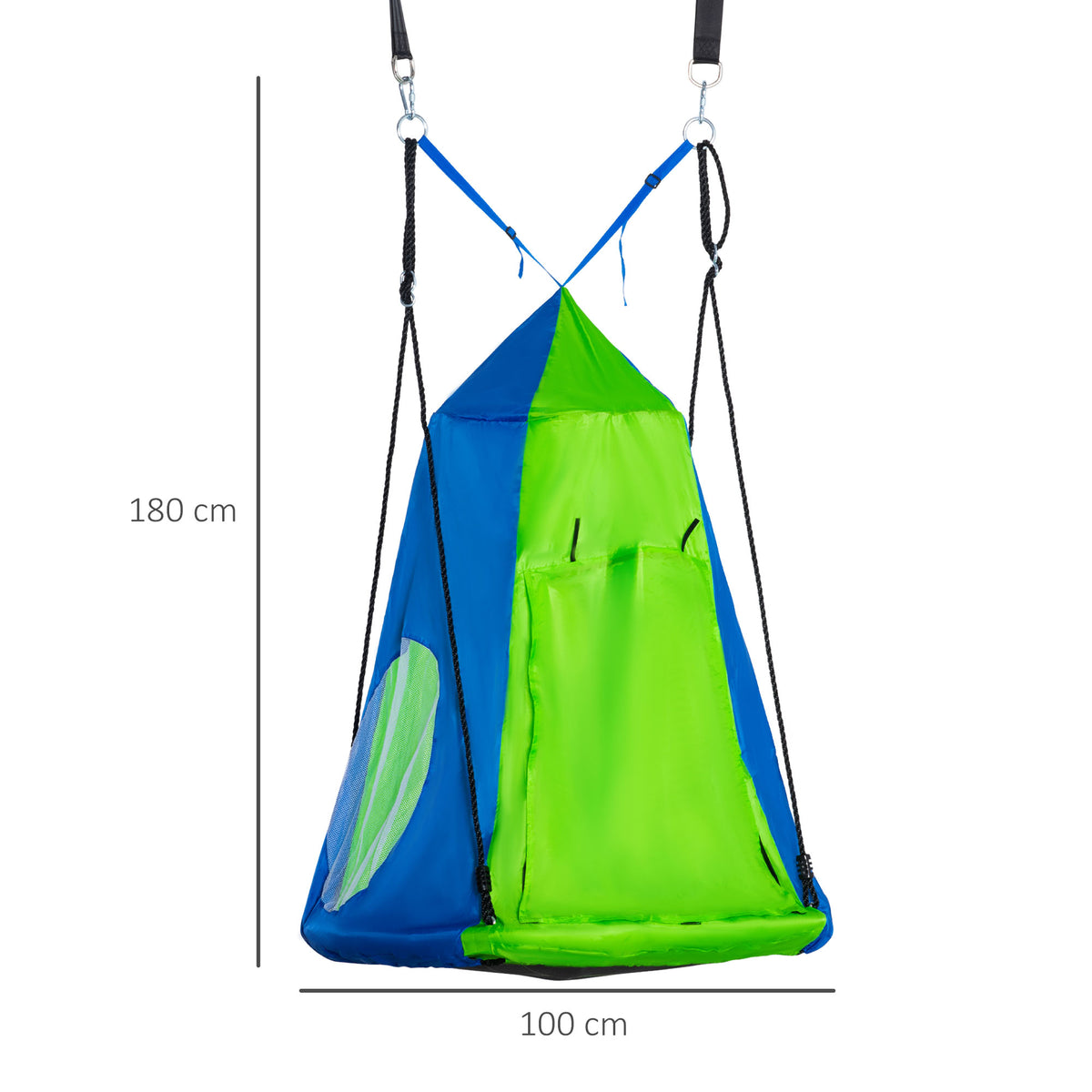 Balançoire nid d'oiseau Ronde avec Tente Amovible Ø 100 cm 4 Anneaux Inclus métal époxy Oxford Haute densité - Vert et Bleu-2