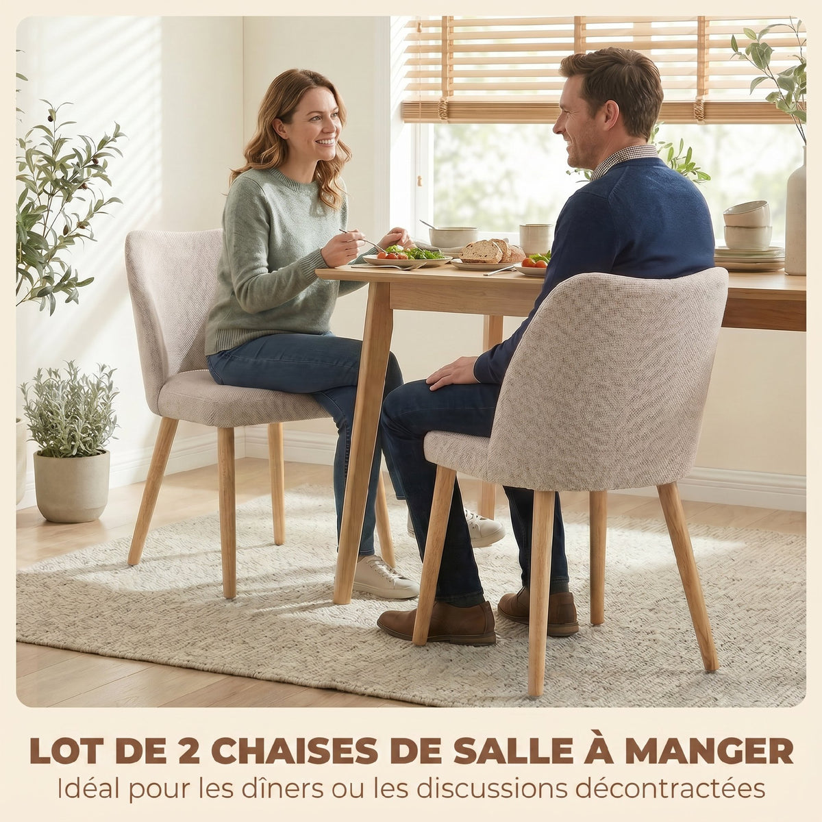 Lot de 2 Chaises de Salle à Manger, Chaises de Cuisine Rembourrées en Lin, Dossier Incurvé et Pieds d'Hévéa, Crème-3