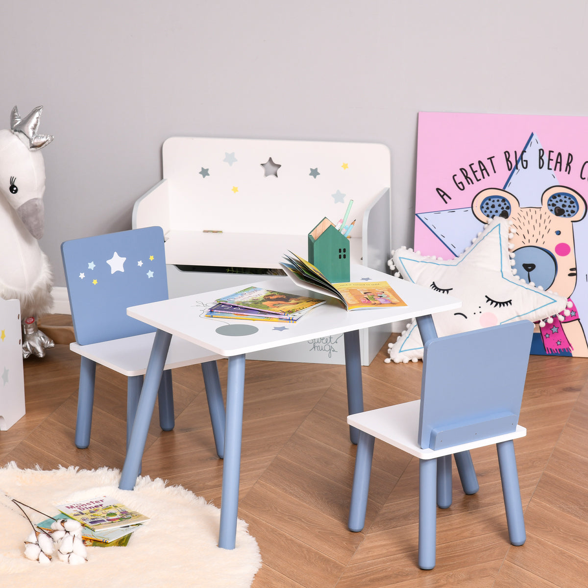 Table enfant avec chaise, ensemble table et 2 chaises en bois pour dessiner, jouer, étudier, bleu-9