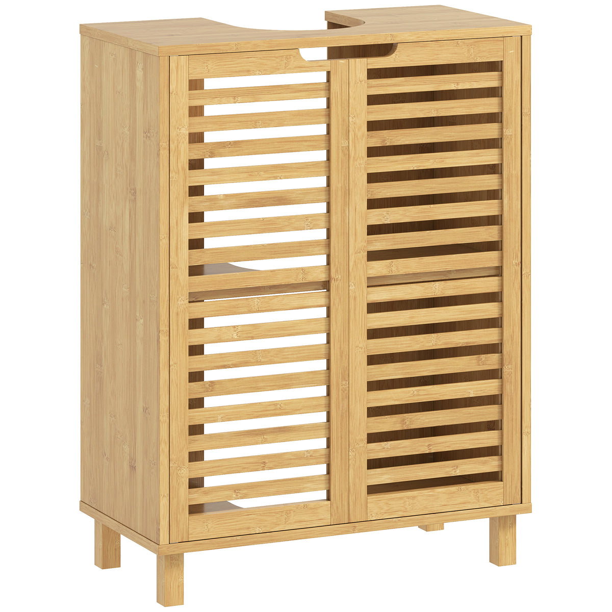 Meuble sous Lavabo en Bambou, Meuble de Salle de Bain avec 2 Portes Persiennes, Étagère Réglable, Bois Naturel-0