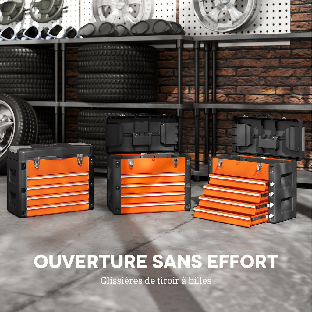 Boîte à Outils à 4 Tiroirs, Caisse à Outils en Acier Thermolaqué avec Plateau Amovible, 49,7x25,3x40,7cm, Orange-5
