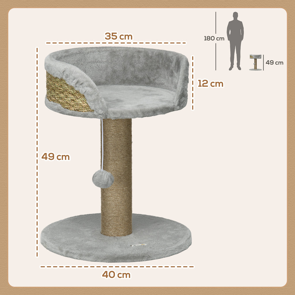 Arbre à chat arbre à grimper grattoir design jeu pompon suspendu + plateforme peluche 40 x 40 x 49 cm jute gris-2
