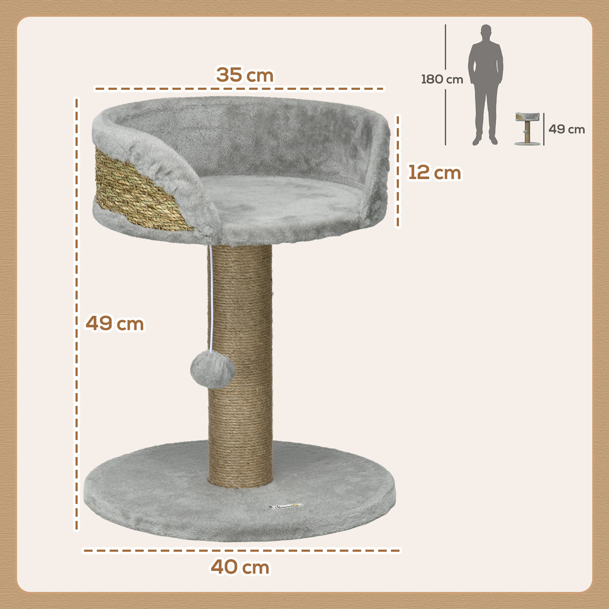 Arbre à chat arbre à grimper grattoir design jeu pompon suspendu + plateforme peluche 40 x 40 x 49 cm jute gris-2