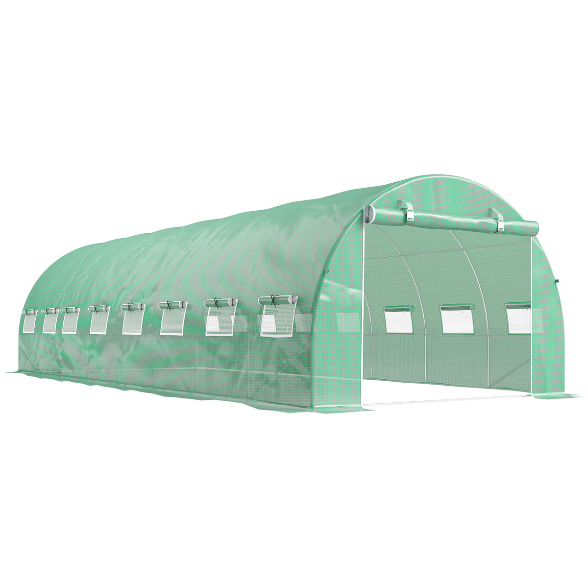 Serre de jardin tunnel 24m² 8L x 3l x 2H m - 16 fenêtres, Porte zippée enroulable acier galvanisé, bâche PE, Vert-0
