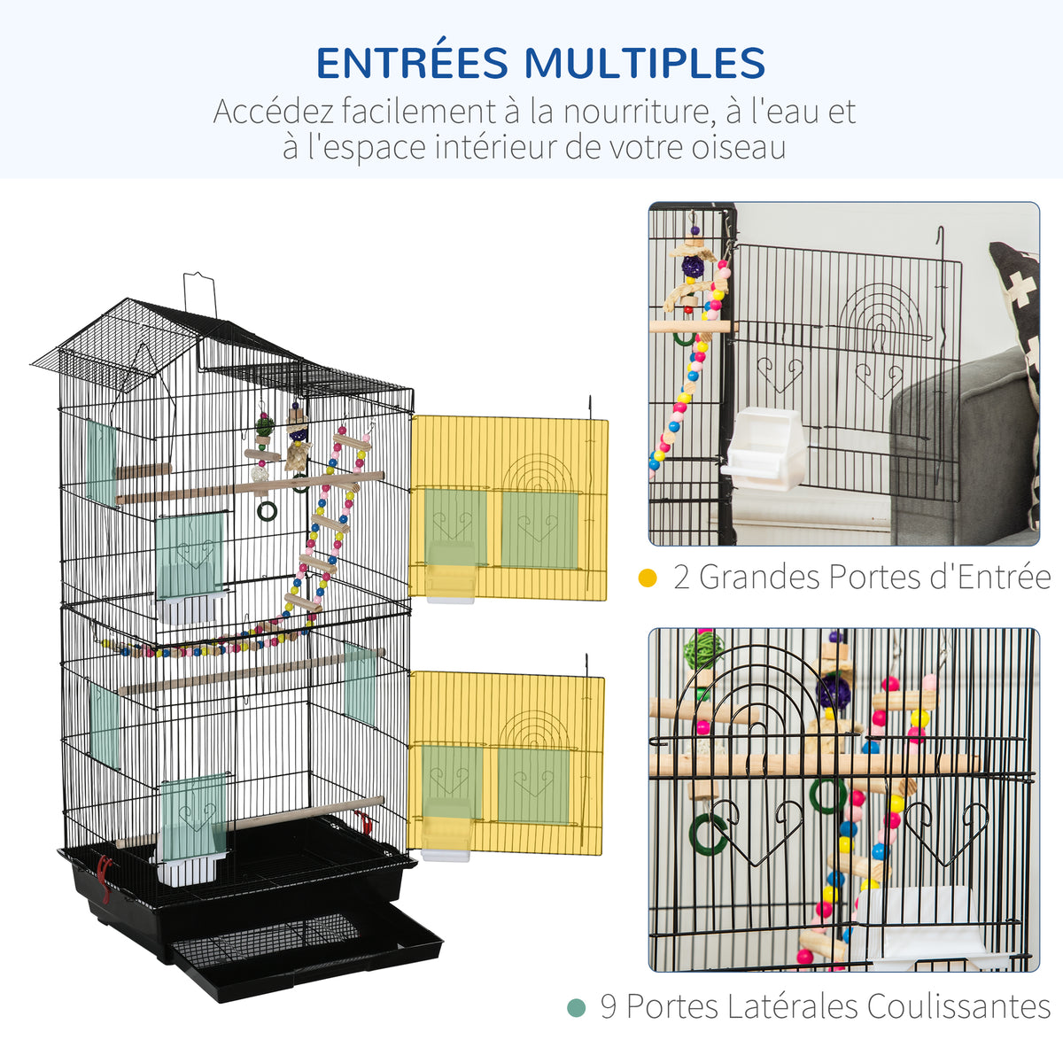 Cage à oiseaux 46 x 36 x 100 cm 4 mangeoires 3 perchoirs cage pour perruche calopsitte conure pinson canaris-6