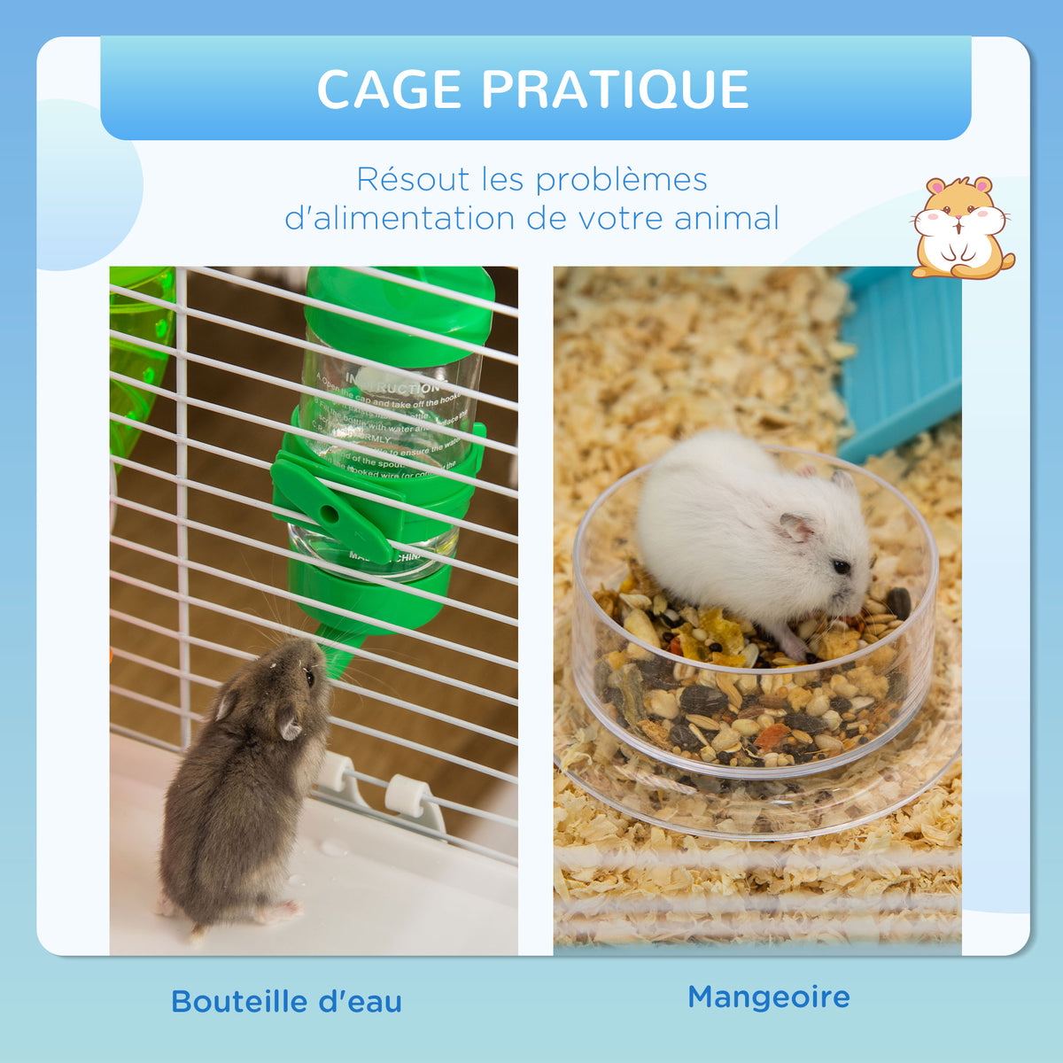Cage à hamster rat rongeur 3 niveaux avec tunnel, biberon eau, roue, maisonnette, échelles dim. 59L x 36l x 47H cm-4