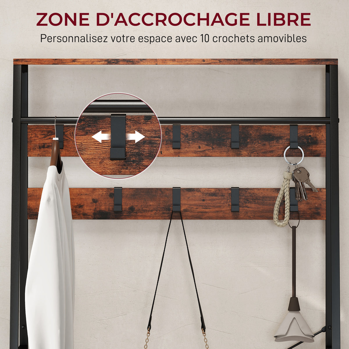 Meuble d'entrée 6 en 1 portemanteau tringle à vêtements étagère 2 tiroirs 10 crochet 80 x 30 x 180 cm brun rustique-4