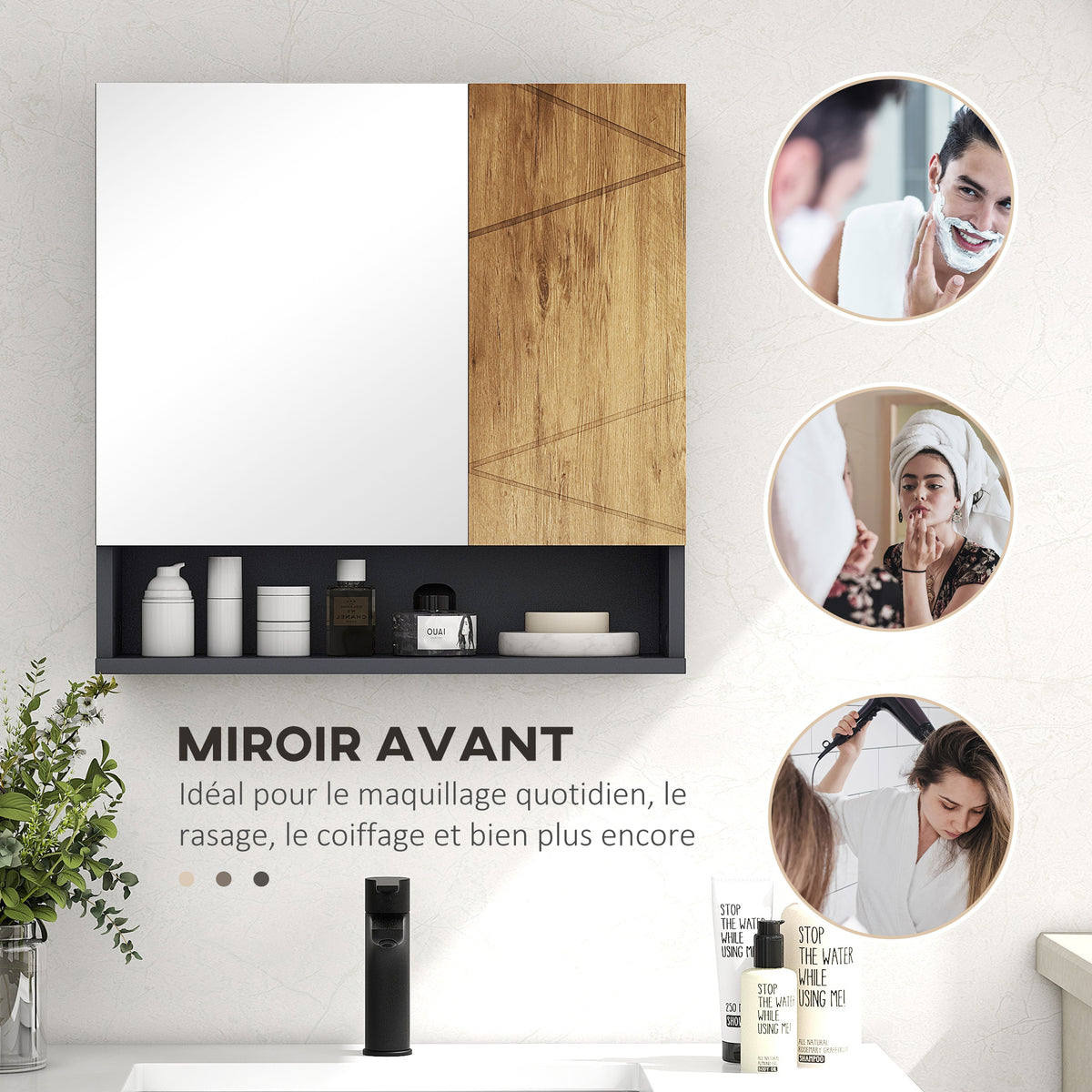 Armoire murale miroir de salle de bain placard de rangement 2 portes 55 x 17 x 55 cm naturel gris foncé-5
