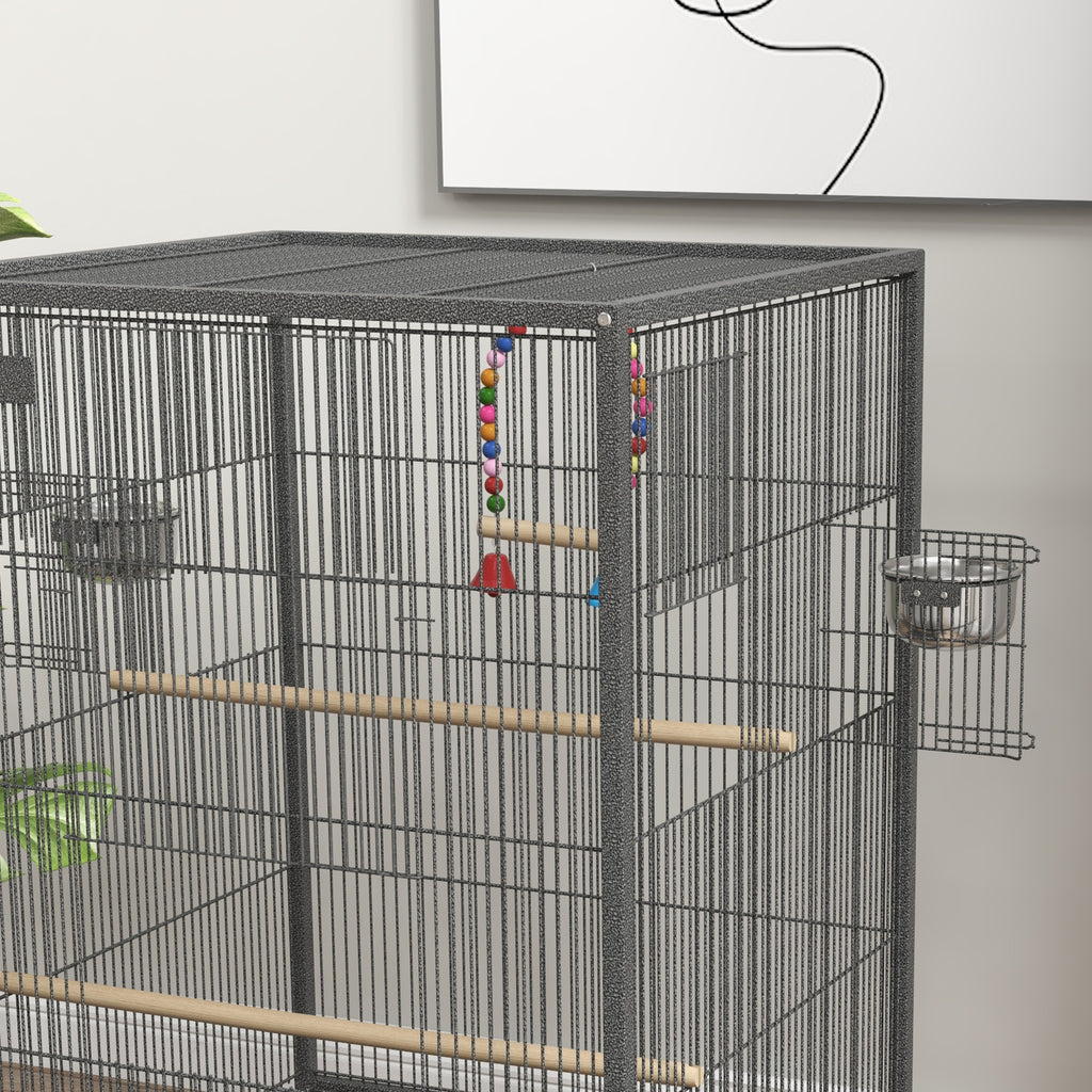 Cage oiseau sur pied cage sur roulettes avec balançoire, perchoirs et plateau coulissant 48 x 46 x 78 cm en acier noir-8
