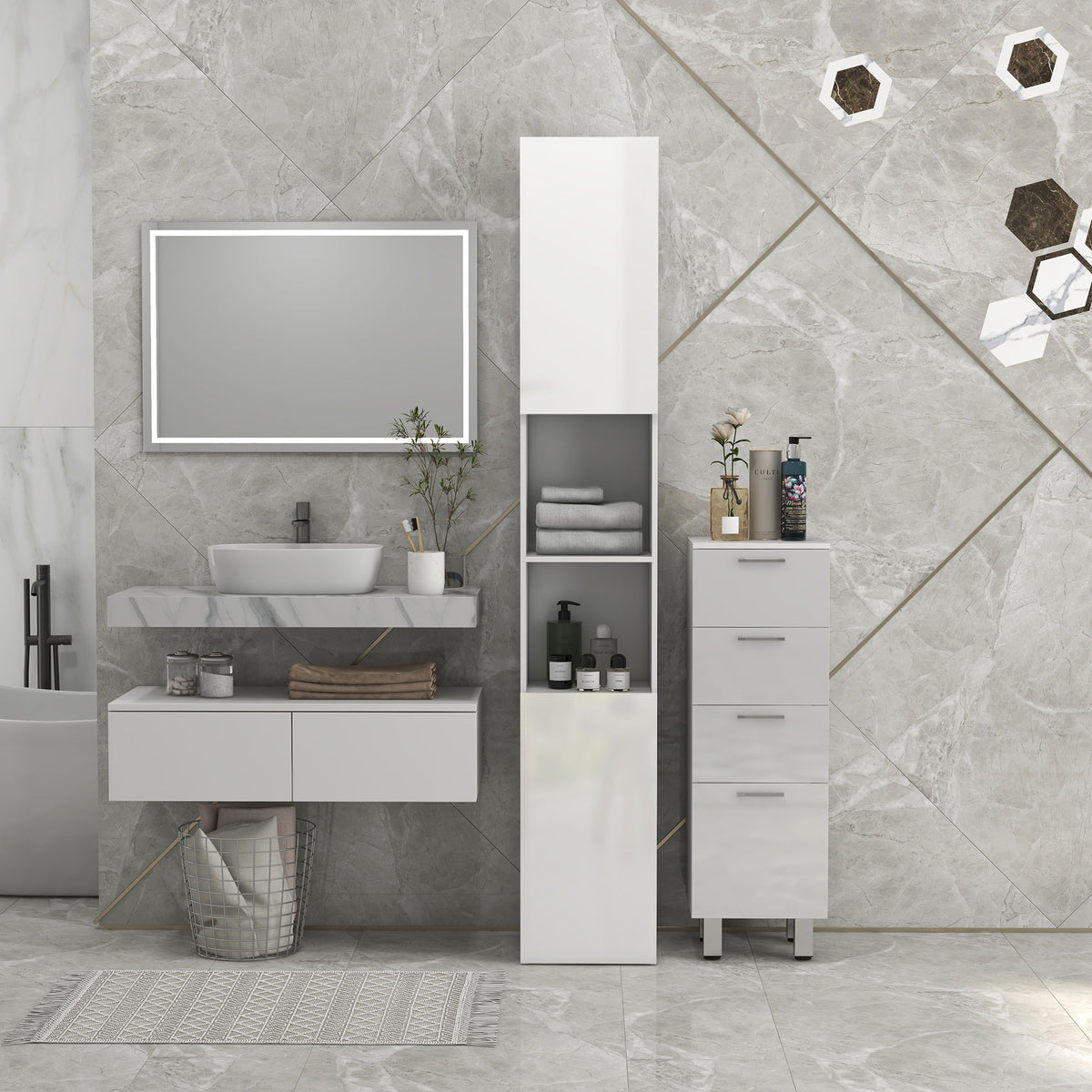 Meuble colonne de salle de bain 2 placards avec étagères réglables + 2 niches 30 x 30 x 181,5 cm blanc-6