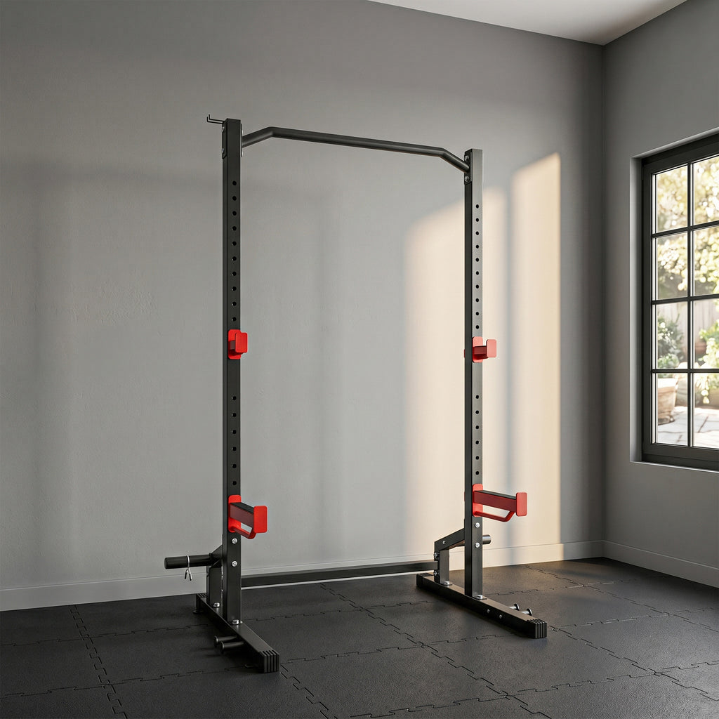 Power Tower Multifonction Charge 500 kg, Barre de Traction, Rack de Squat, Supports pour Disques, 157x105x205cm, Rouge-1