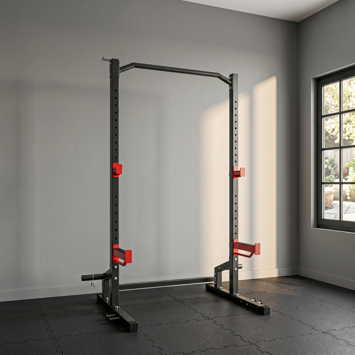 Power Tower Multifonction Charge 500 kg, Barre de Traction, Rack de Squat, Supports pour Disques, 157x105x205cm, Rouge-1