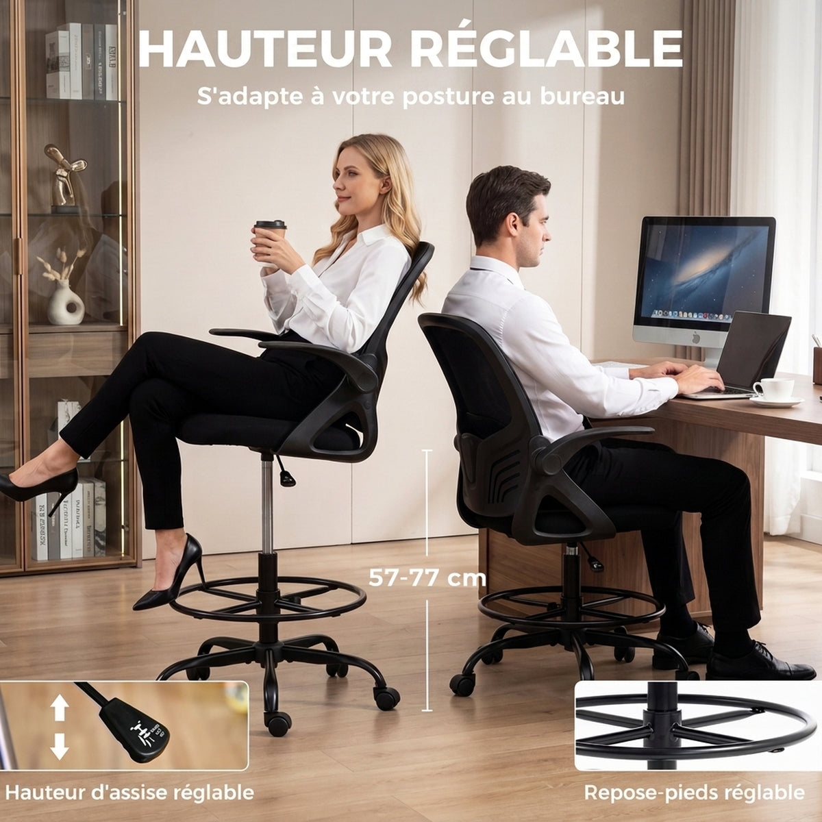 Chaise Bureau Ergonomique avec Soutien Lombaire Réglable, Chaise de Dessin en Maille, Accoudoirs Relevables, Noir-3