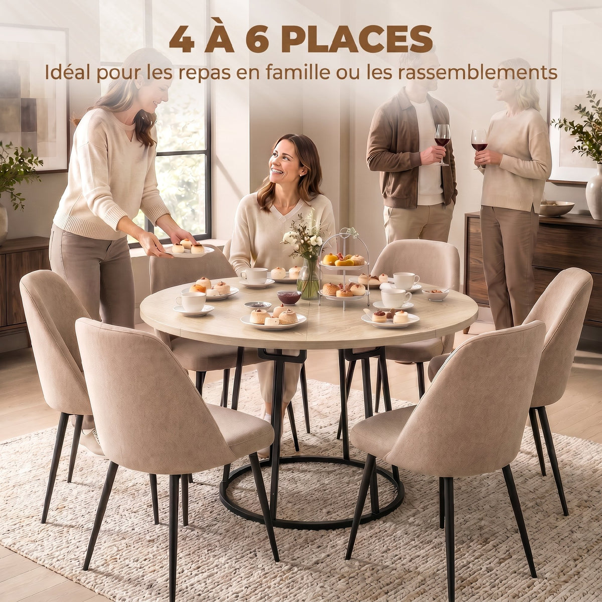Table à Manger Ronde pour 4 à 6 Personnes, Ø 120 x 75 cm, Table de Cuisine avec Piétement Conique en Métal, Bois Naturel-3