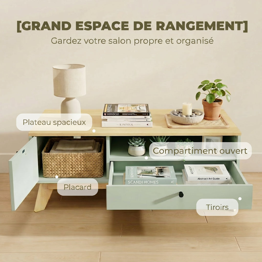 Table basse de salon, table d'appoint rectangulaire avec tiroir, porte et compartiment ouvert, vert clair et chêne-3