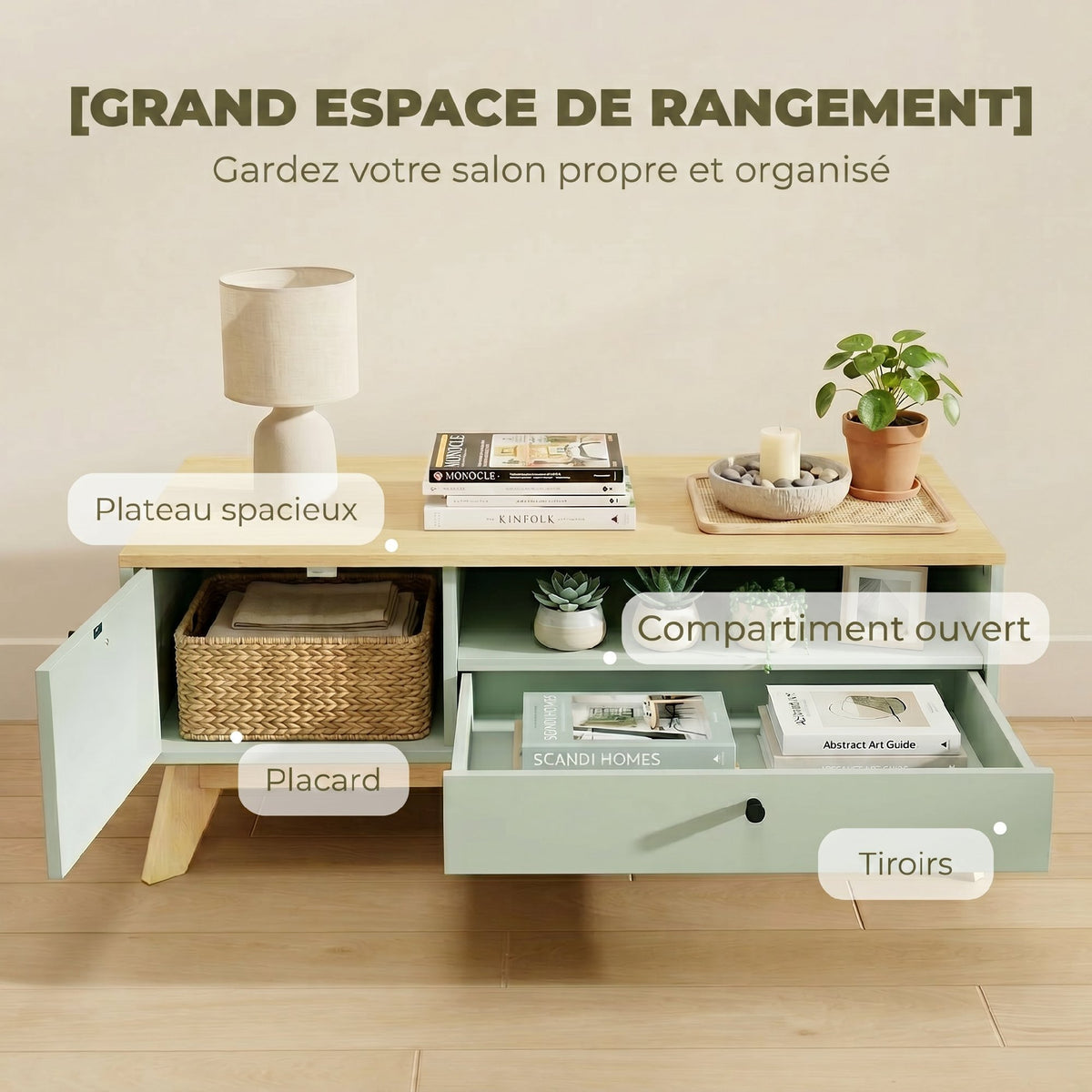 Table basse de salon, table d'appoint rectangulaire avec tiroir, porte et compartiment ouvert, vert clair et chêne-3