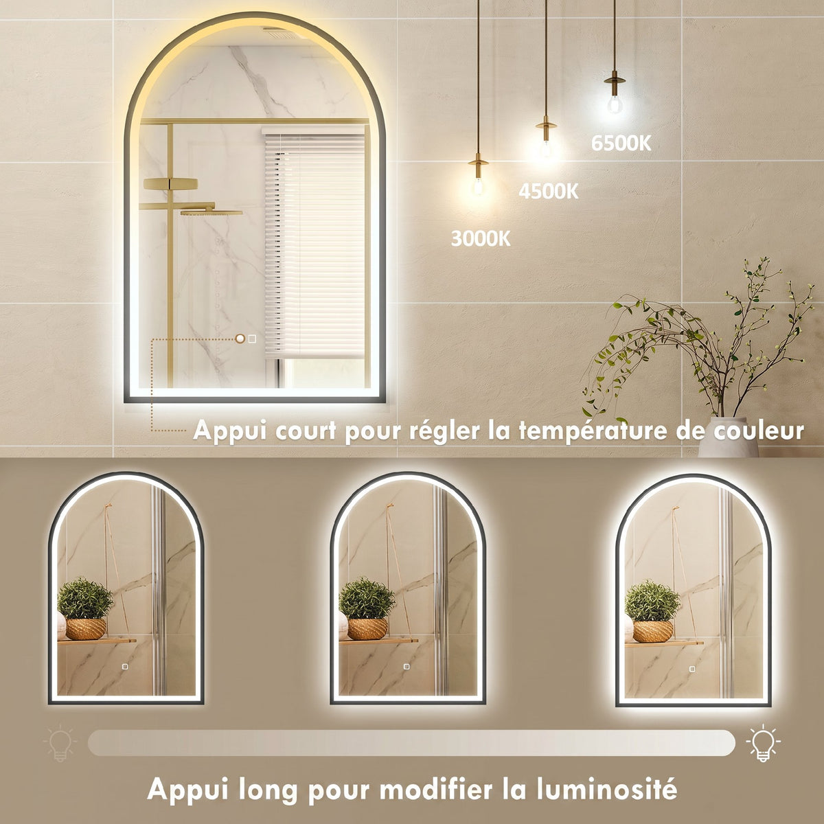 Miroir Salle de Bain avec Éclairage 60 x 90 cm, Miroir LED Arqué, Anti-Buée, 3 Couleurs Lumière, Dimmable, Mémoire, Noir-4