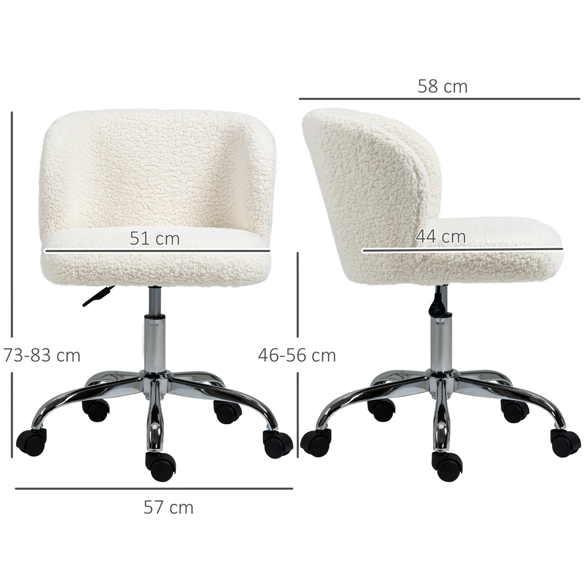 Lot de 2 chaises de bureau sans accoudoir en toison d'agneau hauteur réglable pivotant à 360 ° charge max. 120 Kg blanc-2