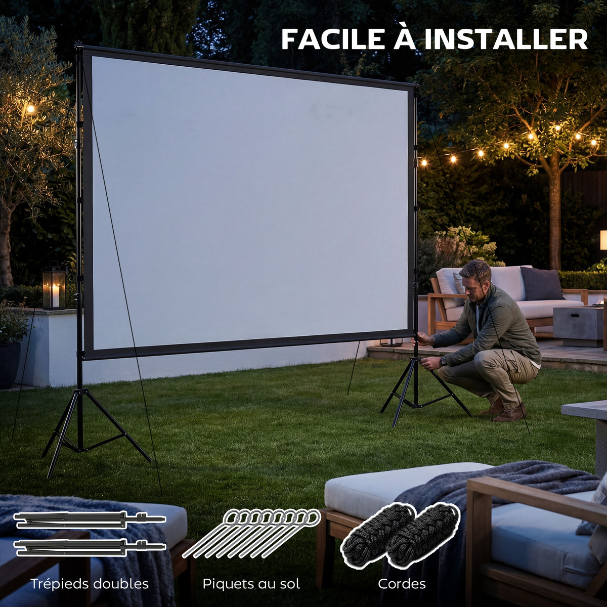 Écran de projection avec trépieds 120 pouces 16:9 HD 4K/8K, écran videoprojecteur portable, 309x62x217cm, blanc et noir-6