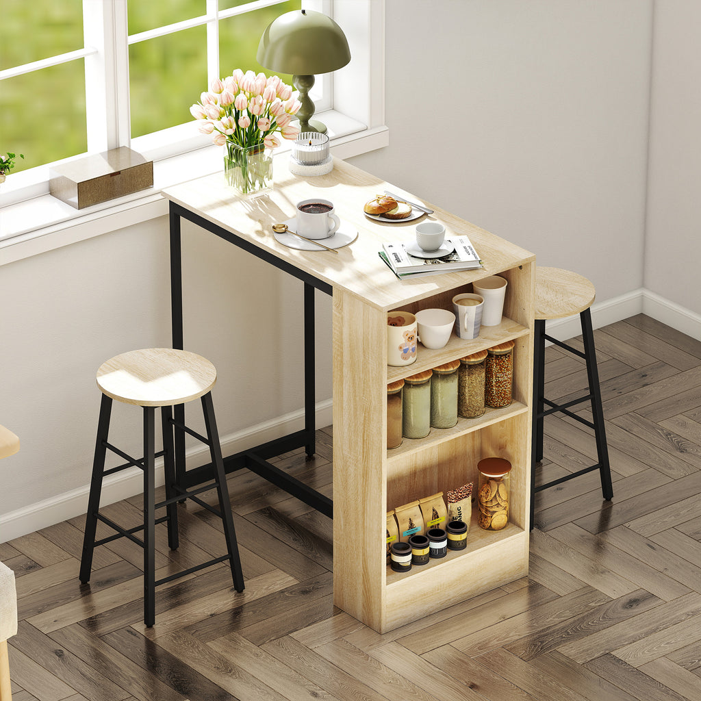 Ensemble table de bar avec tabourets, compartiments ouverts, étagère réglable et repose-pieds, chêne et noir-9