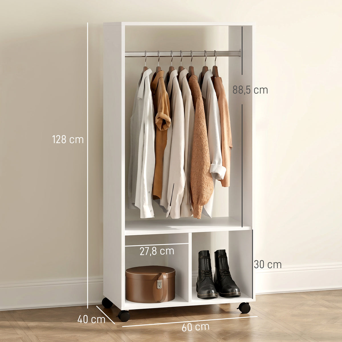 Armoire penderie étagère 2 niches 4 roulettes pivotantes dim. 60L x 40l x 128H cm Blanc-2