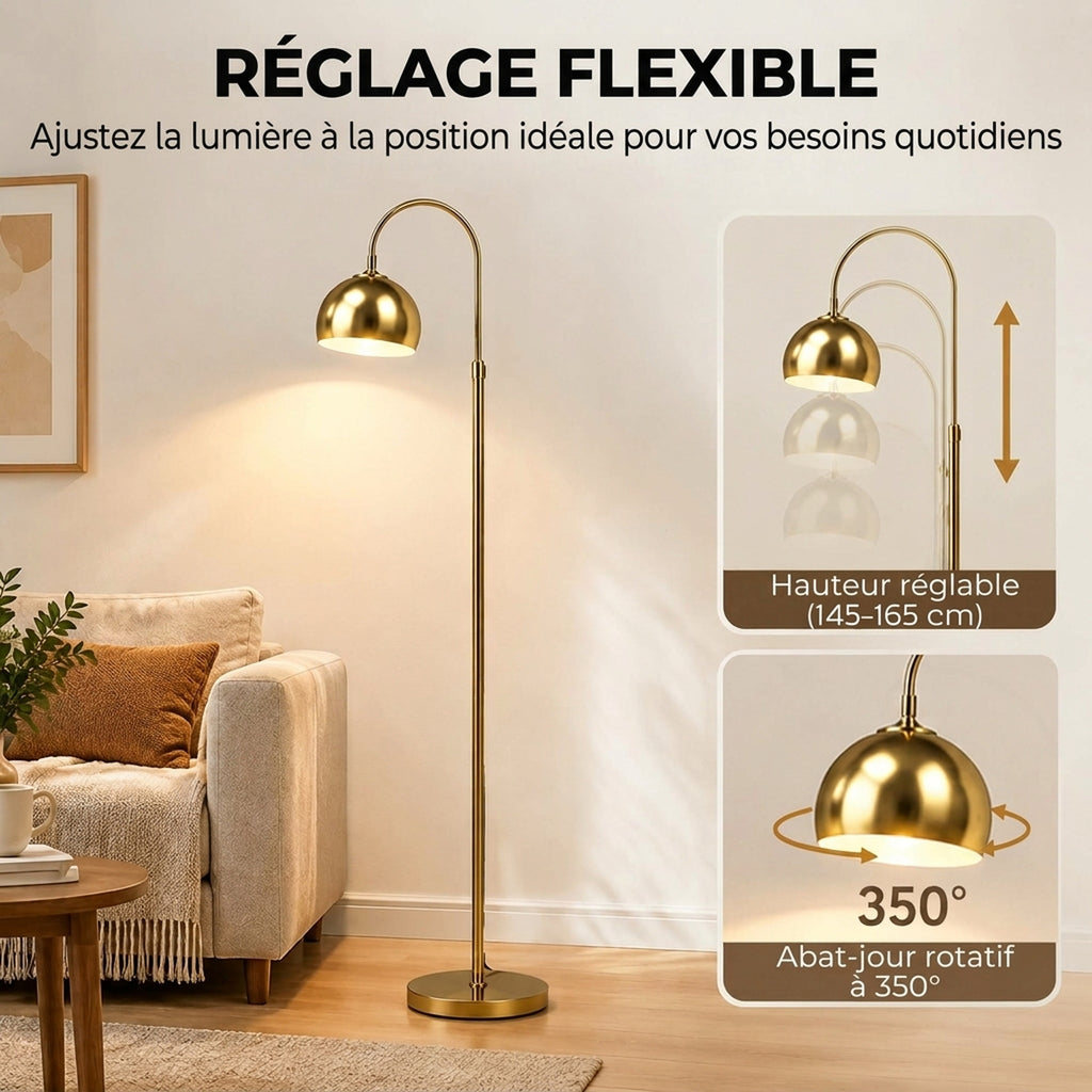 Lampadaire sur Pied Salon, Lampe sur Pied Moderne 40W, Douille E27, Hauteur Réglable, Abat‑jour Orientable, Doré-3
