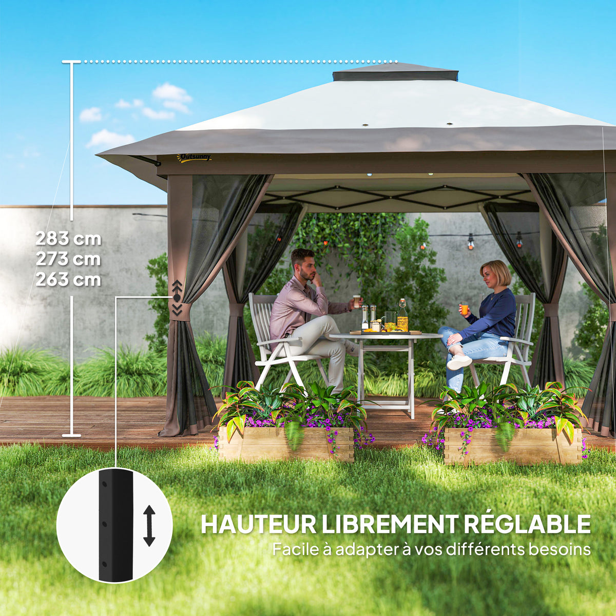 Tonnelle barnum de jardin pop-up pliant double toit protection UV 50+ avec 4 moustiquaires zippées 4 x 4 m beige-5