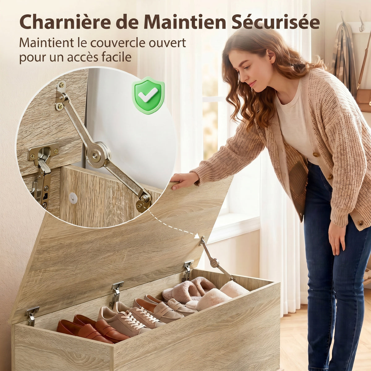 Coffre de rangement, banc de rangement avec couvercle rabattable et charnières de sécurité, 100 x 40 x 40 cm, naturel-4