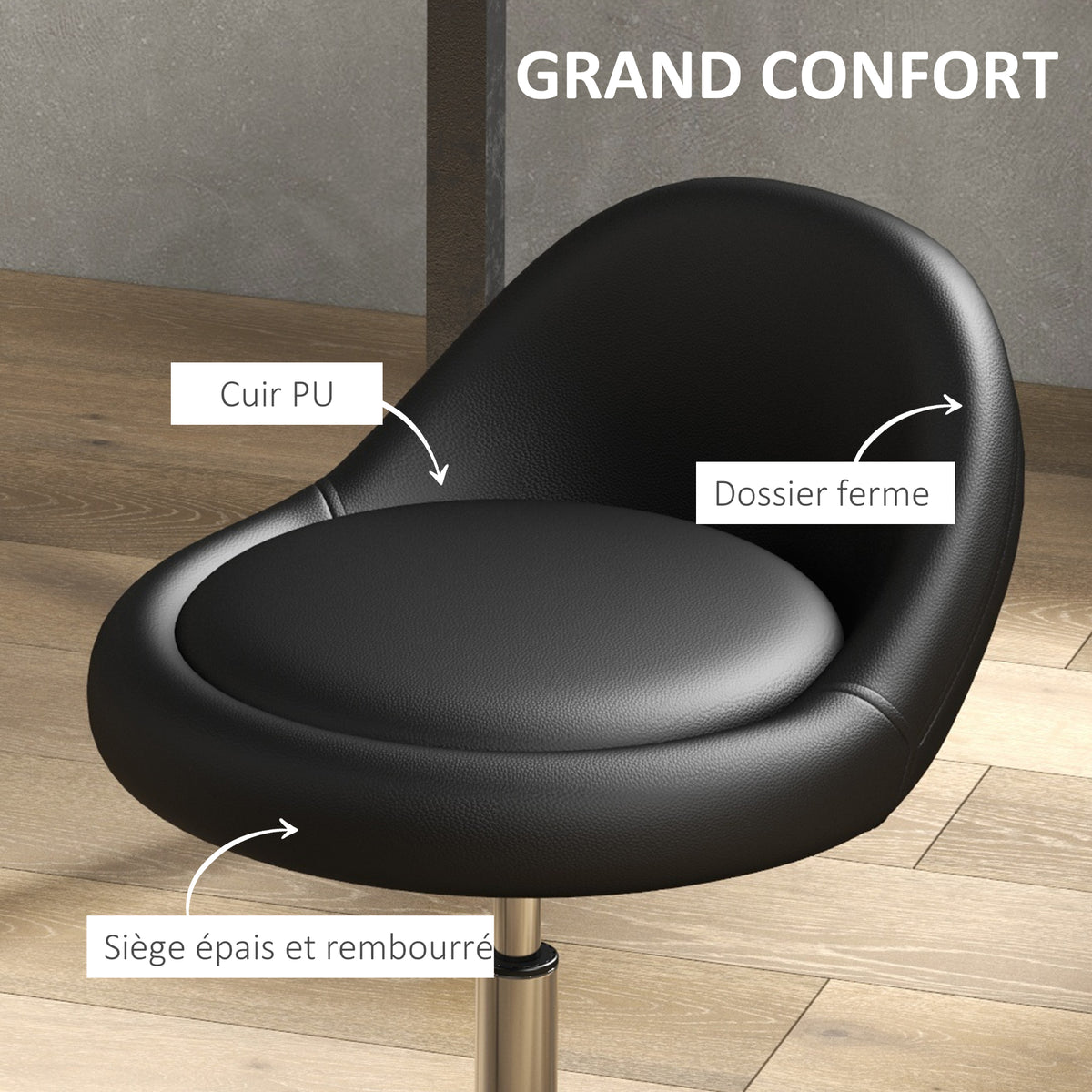Tabouret à roulettes tabouret de travail pivotant 360° hauteur réglable 53-73 cm revêtement synthétique noir-4