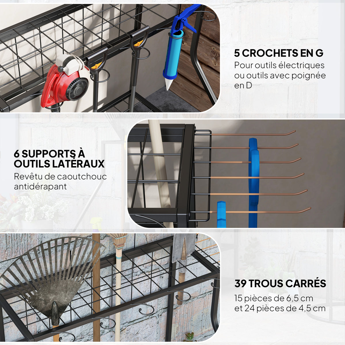 Organiseur d'outils de jardin avec crochets porte-outils de garage à 3 niveaux 84 x 53 x 73 cm orange-3