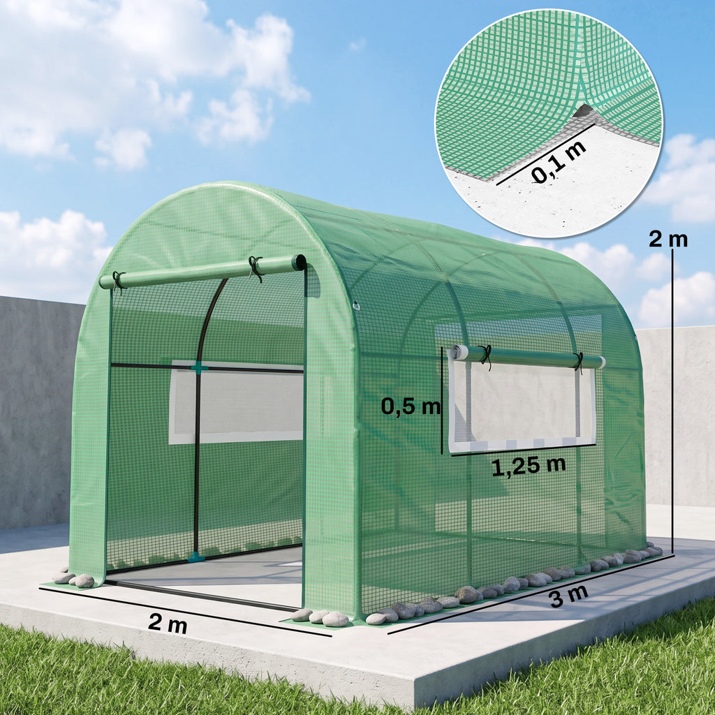 Serre de jardin serre tunnel de jardin 6m² PE Haute densité 135 g/m², avec 2 portes zippées 300 x 200 x 200 cm, vert-2
