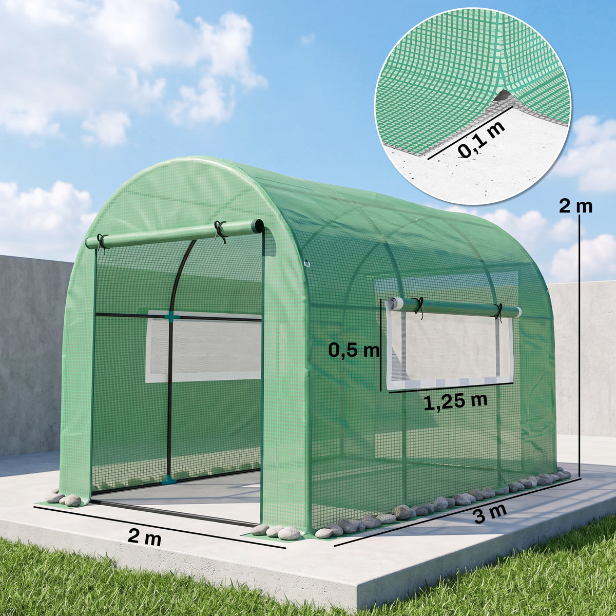 Serre de jardin serre tunnel de jardin 6m² PE Haute densité 135 g/m², avec 2 portes zippées 300 x 200 x 200 cm, vert-2
