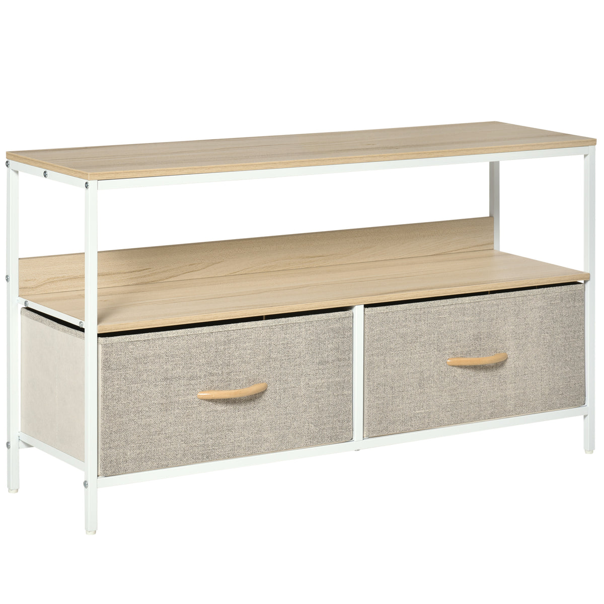 Meuble TV Bas sur Pieds Style Industriel 2 tiroirs en Tissu Gris Bois Naturel et métal Blanc-0