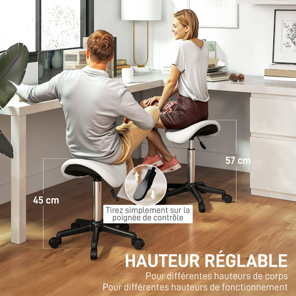 Tabouret à roulettes, chaise de travail avec hauteur réglable 45-57 cm et selle ergonomique, 48x47x45-57cm, blanc-3